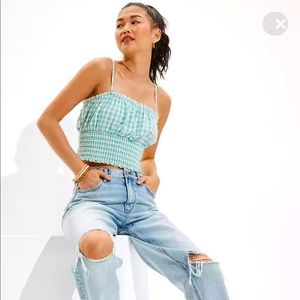 NWT American Eagle Gingham Check Cropped Smocked Tank Sz XS Adjustable Strap